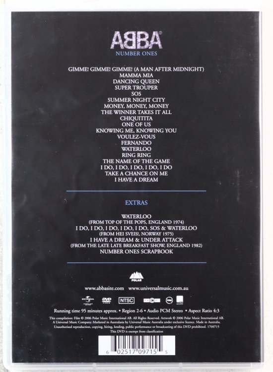 Achterkant van de ABBA Number Ones DVD met tracklist en extra's.