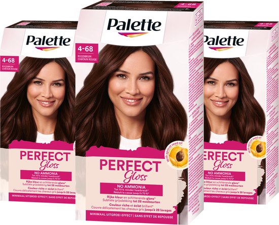 Drie pakken Palette Perfect Gloss haarverf, kleur 4-68 Roodbruin, met op de voorkant een model met glanzend roodbruin haar.
