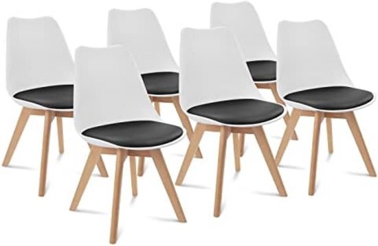 Set van 6 Scandinavische stoelen SARA tweekleurig wit kussen zwart