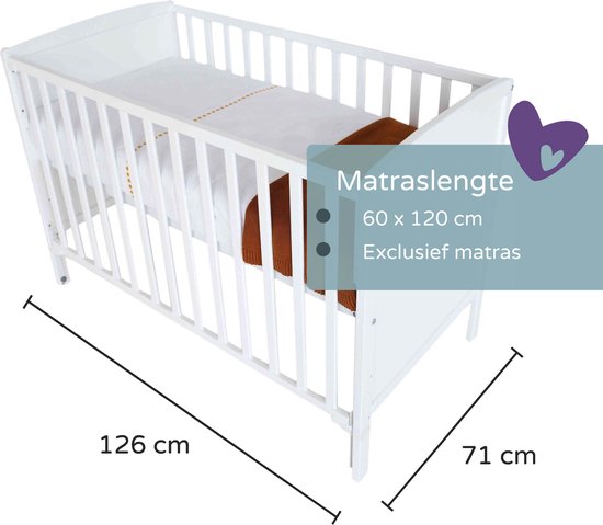 Prénatal Ledikant Baby - Babybedje met Platte Spijlen - Baby Bed 60x120 cm - Exclusief Matras - Wit - Prénatal