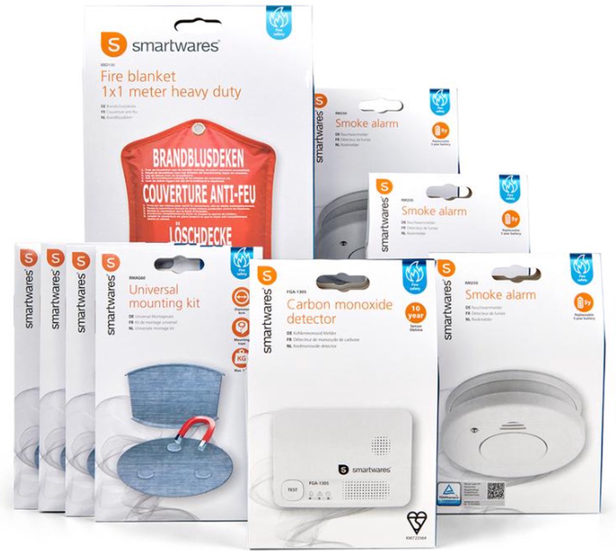 Smartwares Brandveiligheidsset 3 Rookmelders 1 Koolmonoxidemelder 1 Blusdeken 5 stuks totaal Veiligheid Preventie Compleet Voorkom Vergiftiging Voorkom Verbranding Brand