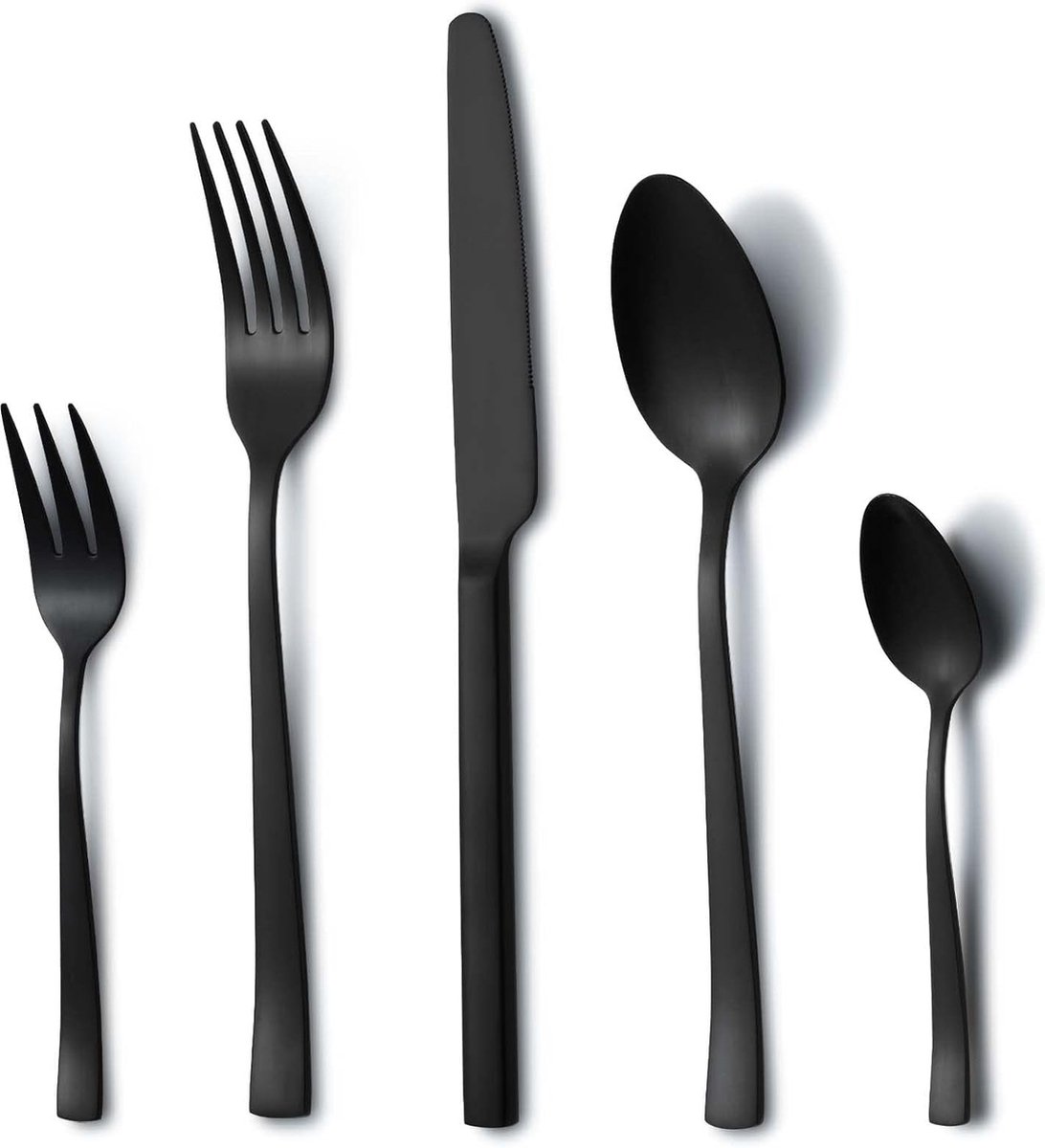 Bestekset voor 6 personen, 30-delig, roestvrij staal zwart bestek voor thuis, restaurant, buiten, bestekset met vorken, lepels, messen, vaatwasmachinebestendig