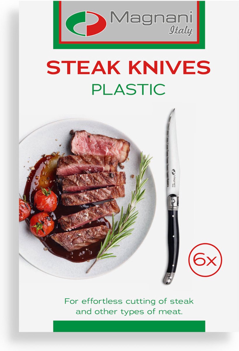 Bol.com Magnani - 6 Steakmessen - Vleesmes - Kunststof Handgreep - RVS Gekarteld Snijblad - Snijblad Dikte 1,5 mm - Brengt Geen ... aanbieding