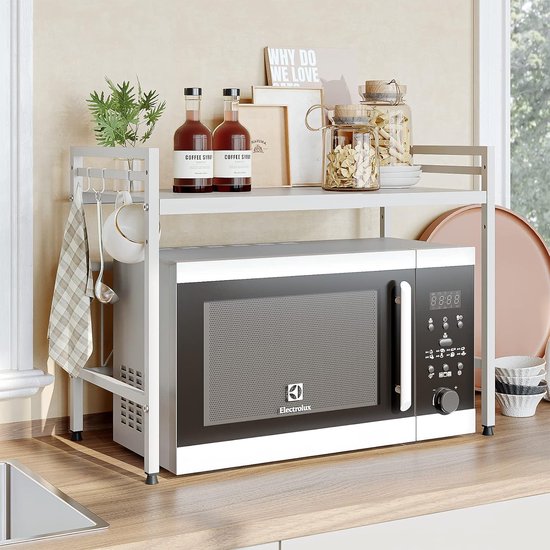 Étagère Micro-ondes Extensible 2 Niveaux Avec Crochets - Ajustable 44-60 Cm, En Acier, Gain De Place Pour Cuisine