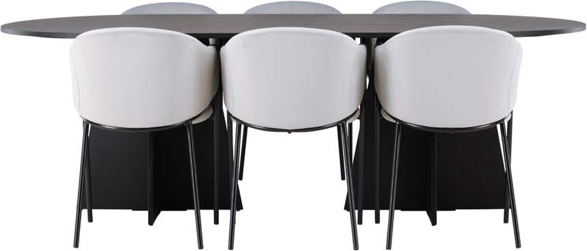 Bootcut eethoek tafel zwart en 6 Evelina stoelen grijs.
