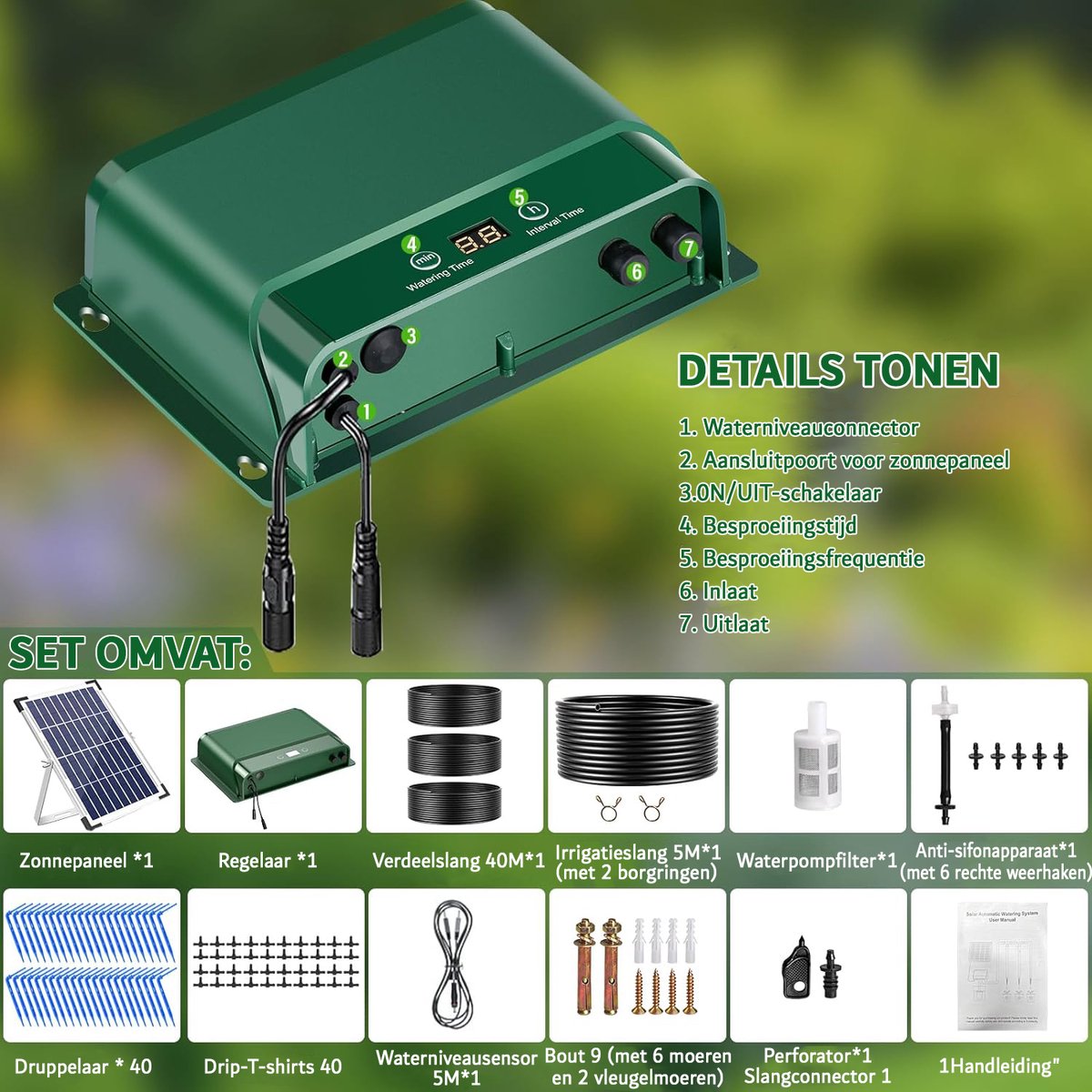 Automatisch Zonne-bewateringssysteem - 6W Paneel + 2200mAh - Programmeerbaar Voor 30 Potten - 35m Slang - IP67 - Incl. USB-C
