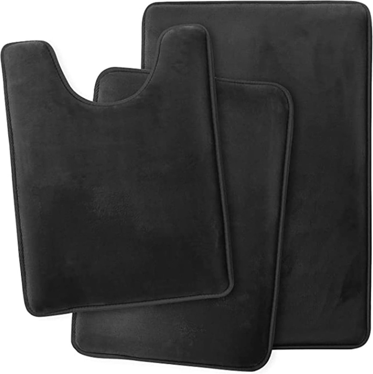 Microvezel badkamertapijtset, zachte 3-delige badtapijtset, 1 toiletmat U-vormig en 2 badkamermatten, wasbare absorberende vloermat, sneldrogende matten voor badkamer badkuip zwart