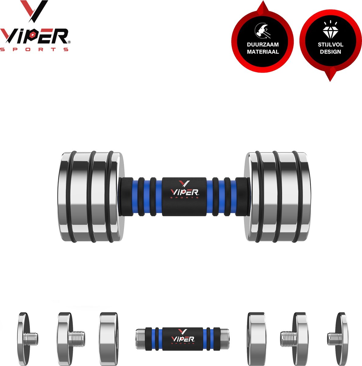 Viper Sports Verstelbare gewicht 15 kg – Dumbbells – Anti-slip – Mirror finish - RVS/Foam – Steel Blue - 1 Stuks
