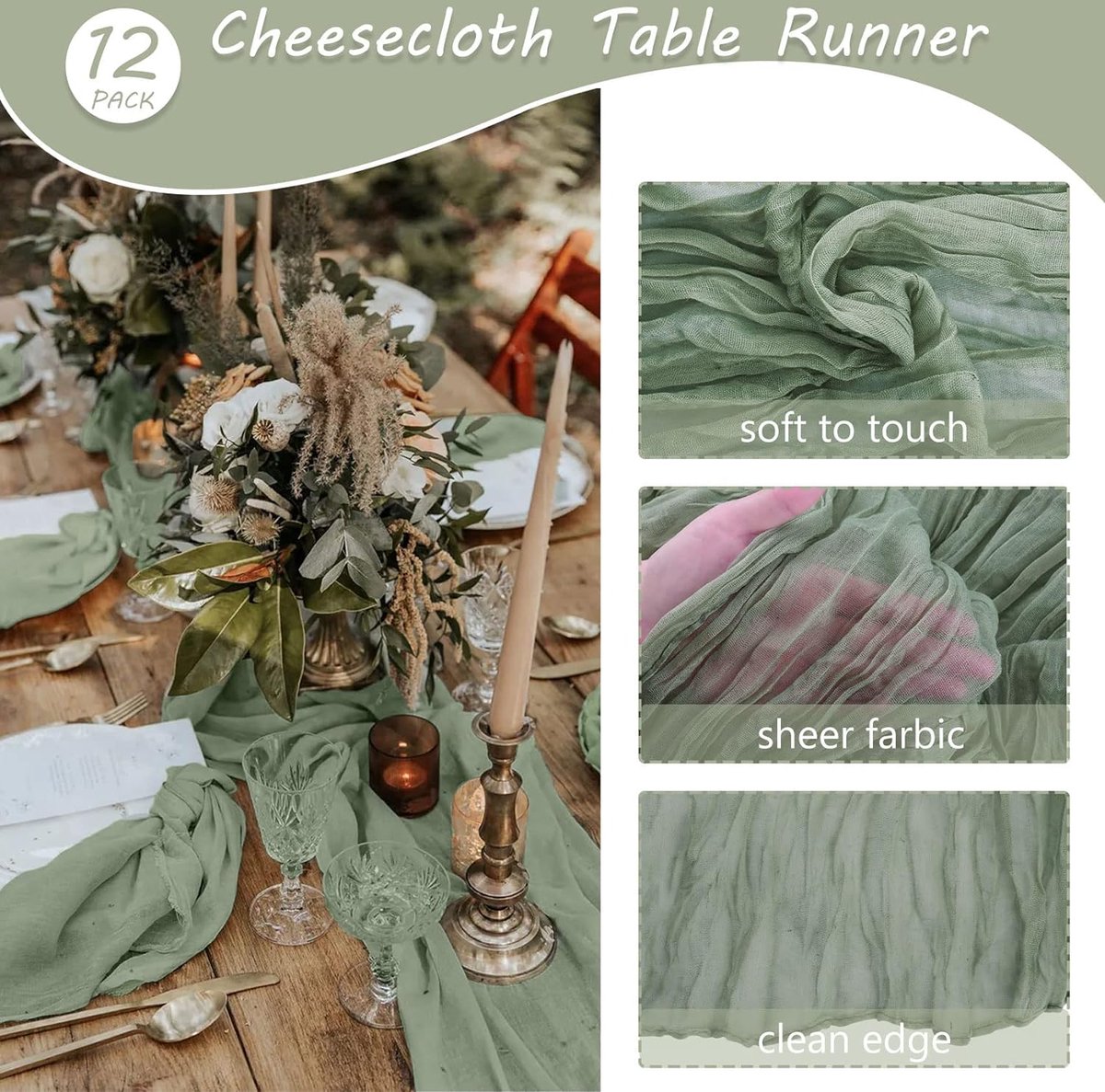 Chemin De Table Boho Vert Sauge - 30x180 Cm, Coton/polyester - Décoration Mariage, Noël, Maison Campagne