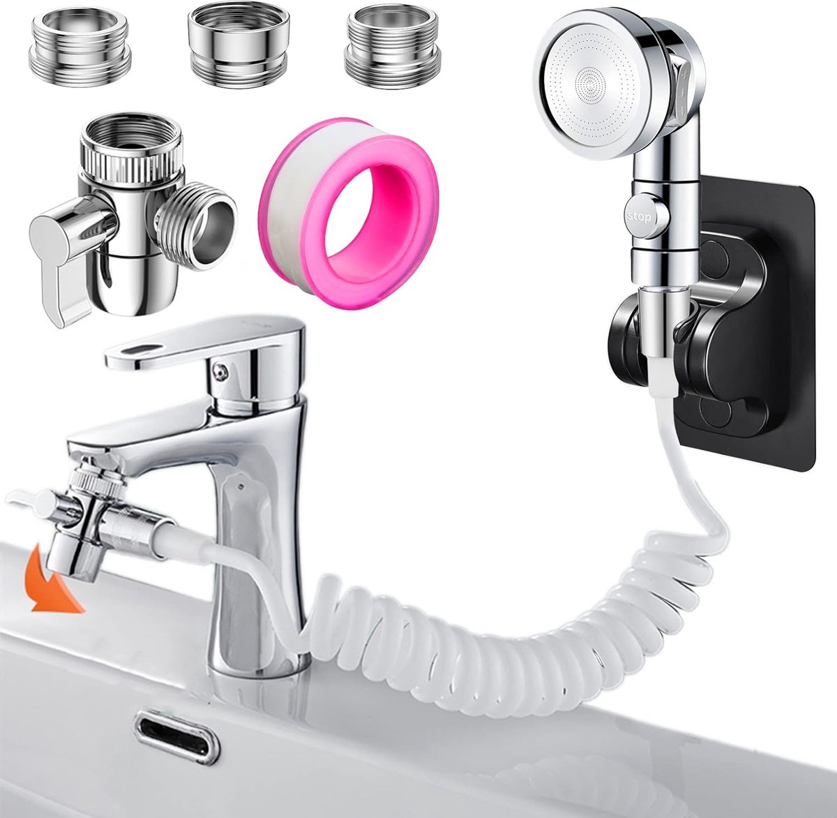 Azalia Wastafel Handdouche Set, Handdouche Douchekop Kit met 3M Telescopische Slang, Douchekop met 3 Adapters M22 M24 G1/2, voor Badkraan, Harenwassen, Huisdieren Douche (Kraan Niet Inbegrepen)
