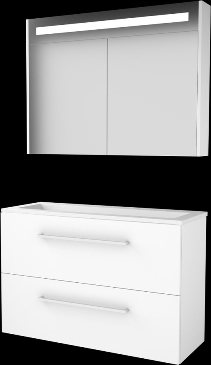 Basic Premium 39 badmeubelset met spiegelkast met geïntegreerde LED verlichting, wastafelonderkast met grepen, 2 lades en acryl wastafel zonder