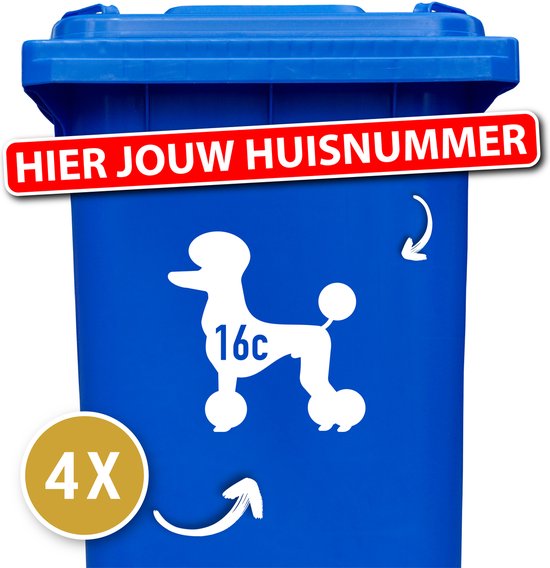 Container sticker - klikostickers - kliko sticker voordeelset - 4 stuks - Poedel - container sticker huisnummer - wit - vuilnisbak stickers - container sticker hond