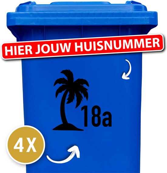 Container sticker Palmboom met huisnummer 4 stuks - Kleur: Zwart - Klikostickers - stickers volwassenen - Cijfer stickers - Container stickers - sticker - stickers - 12345678910 - Cadeau - Geschenk - 12345678910