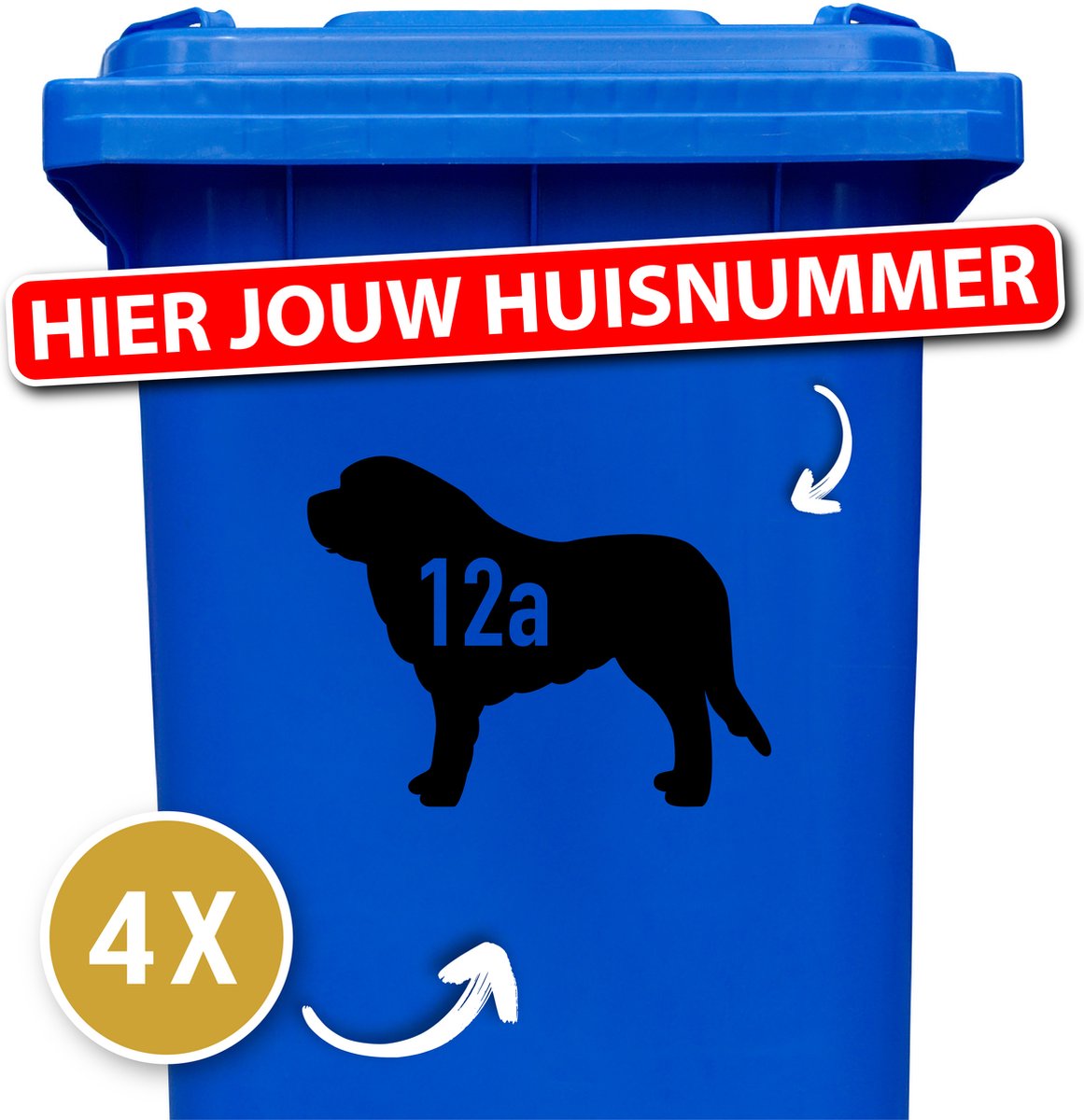 Container sticker - klikostickers - kliko sticker voordeelset - 4 stuks - Sint Bernard - container sticker huisnummer - zwart - vuilnisbak stickers - container sticker hond