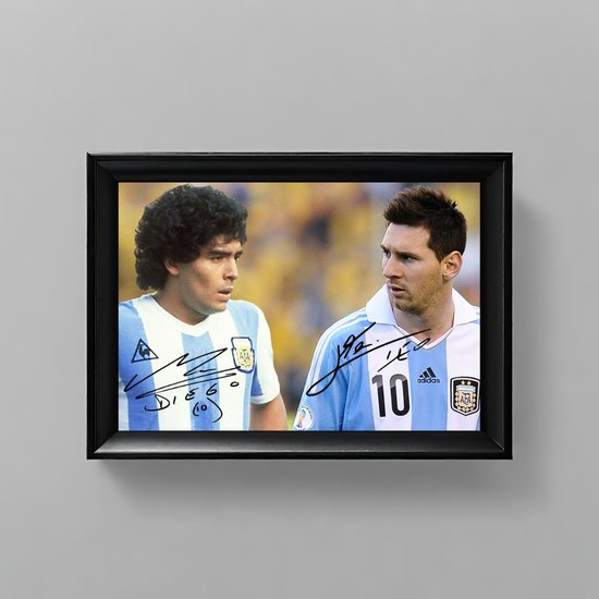 Lionel Messi et Diego Maradona Art – Signature imprimée – 10 x 15 cm – Dans un cadre Zwart Classique