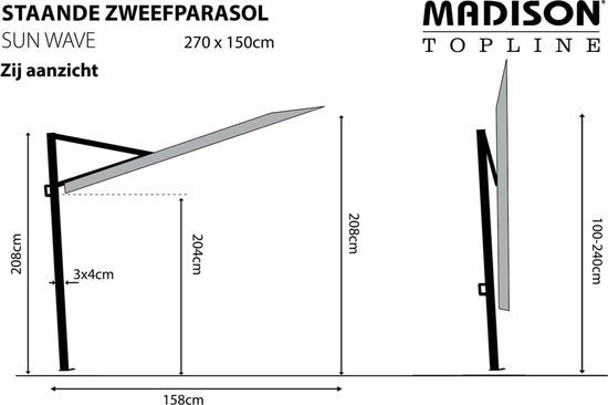 Technische tekening van de Madison Sun Wave parasol, 270x150cm, zij-aanzicht met afmetingen.