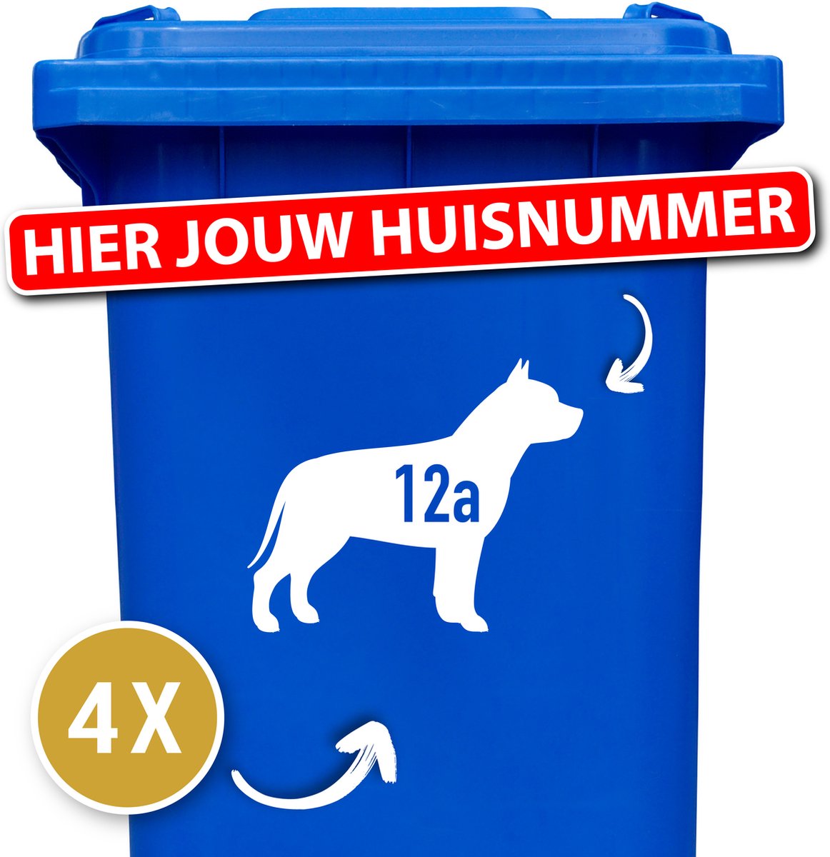 Container sticker - kliko sticker voordeelset - 4 stuks - Pitbull staand - container sticker huisnummer - wit