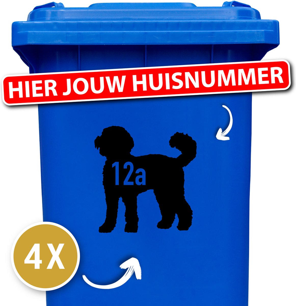 Container Sticker - Labradoodle + huisnummer - Kliko Sticker Voordeelset - 4 stuks - 19 x 20 cm - Zwart - klikostickers - Container Sticker Hond