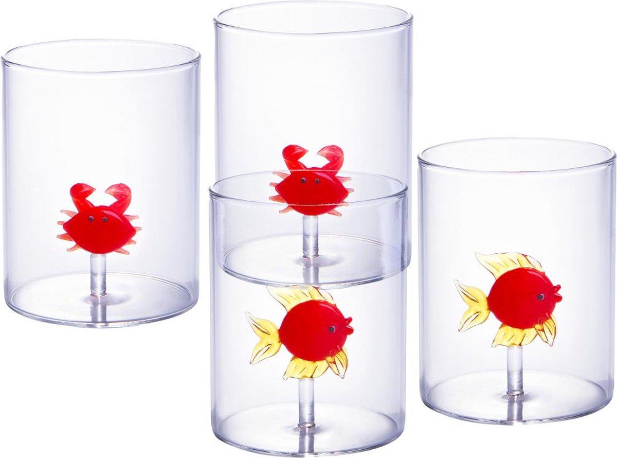 OZAIA Set van 4 glazen met diertjes - Transparant en rood geblazen glas - Ø7,5 cm x H9,5 cm - APUNA L 7.5 cm x H 9.5 cm x D 7.5 cm