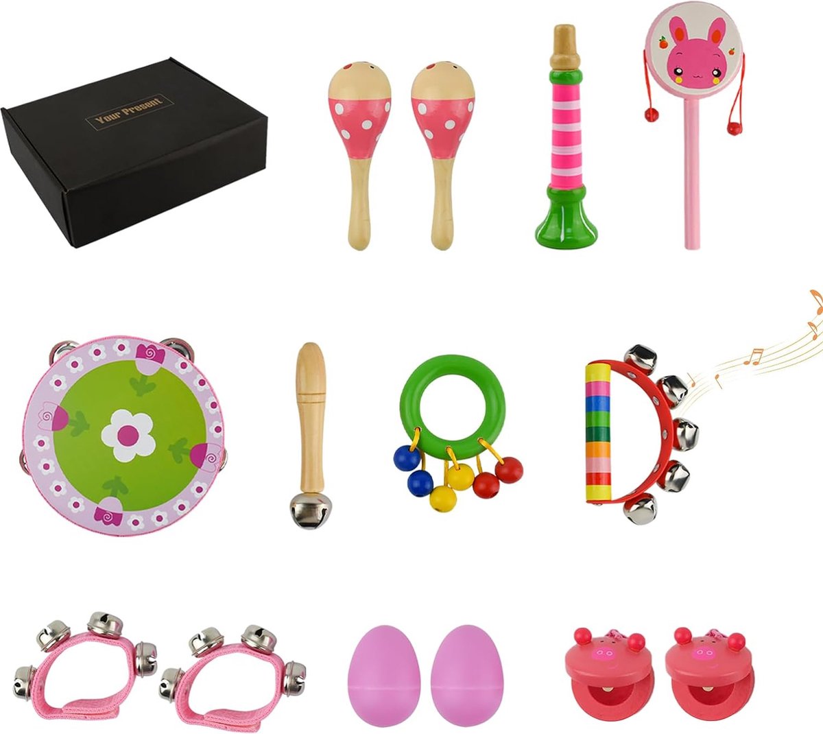 Belmarkt 14 stuks houten muziekinstrumenten set roze mini-band muzikale sensorische initiatie instrumenten schommelende trommels zand hamers rammelaars zand eieren ring hand rammelaars voor 1+ jaar