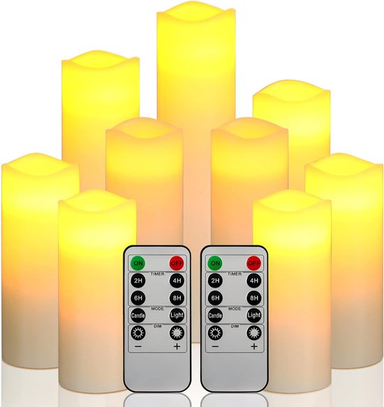 LED-kaarsen, LED Candles Battery Candle Set van 9 (1 - H 22cm, 1 - H20cm, 1 - H18cm, 2-H16cm, 2-H14cm, 2-H13cm) Ivoor echte waskaars met timer op afstand