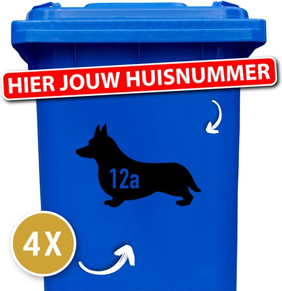 Container sticker - klikostickers - kliko sticker voordeelset - 4 stuks - Corgi - container sticker huisnummer - zwart - vuilnisbak stickers - container sticker hond