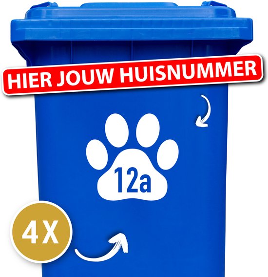 Container sticker - Container Sticker Huisnummer - Variant: Hondenpoot - Kleur: Wit - Aantal: 4 Stuks - Stickers volwassenen - Cijfer stickers - Container stickers - sticker - stickers