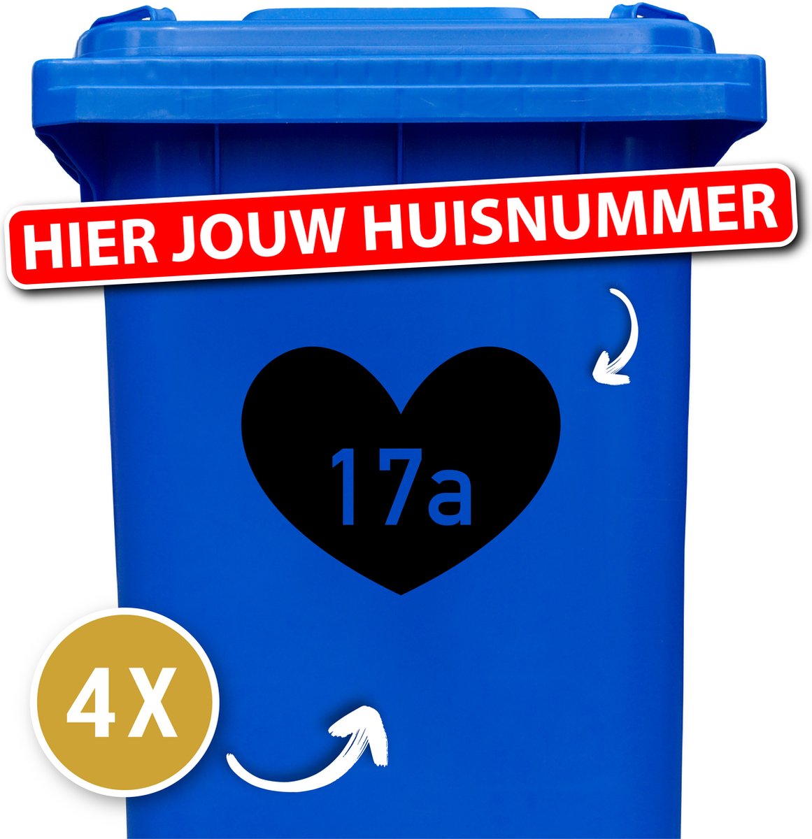 Hart met huisnummer - container sticker - 4 delige voordeelset - 20 x 15,5 cm - zwart - kliko sticker - afvalcontainer - kliko sticker voordeelset - klikostickers - huisnummer sticker - huisnummers - weerbestendige stickers - cadeau