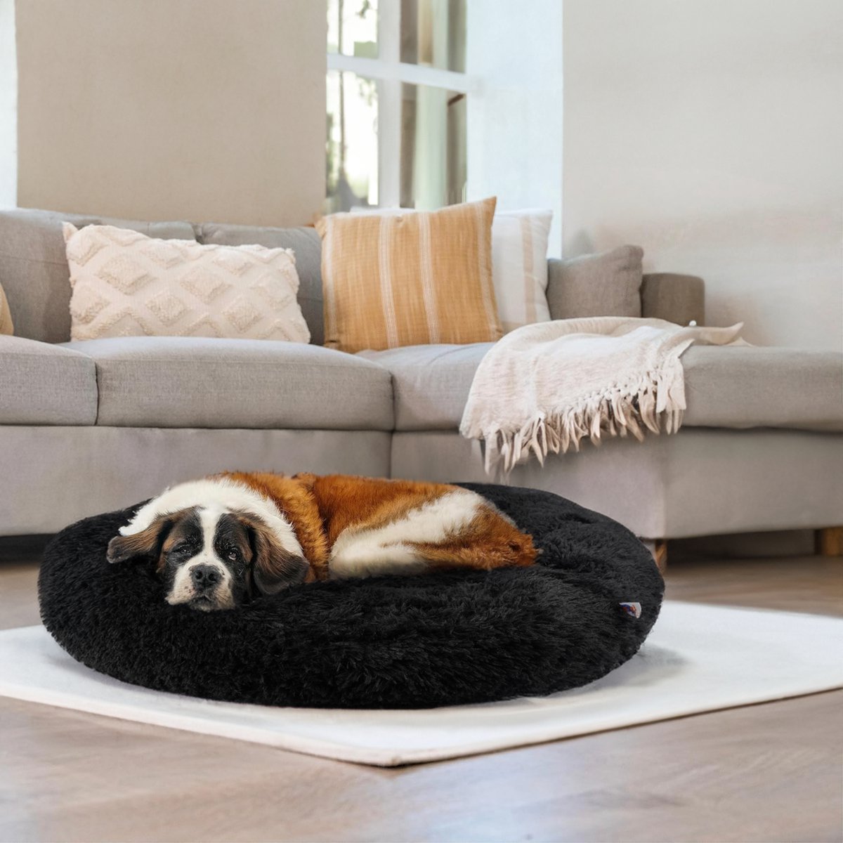 Pet Perfect Donut Hondenmand 100 cm - Fluffy Hondenkussen - Hondenbed - Zwart - Wasbaar thumbnail 3