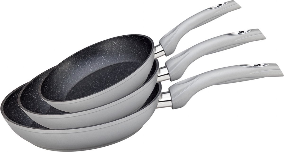 koekenpan 3-DELIG - pannenset - marmeren coating - Inductie - Keramisch - PFAS-vrij - 20/24/28 CM - Zilver