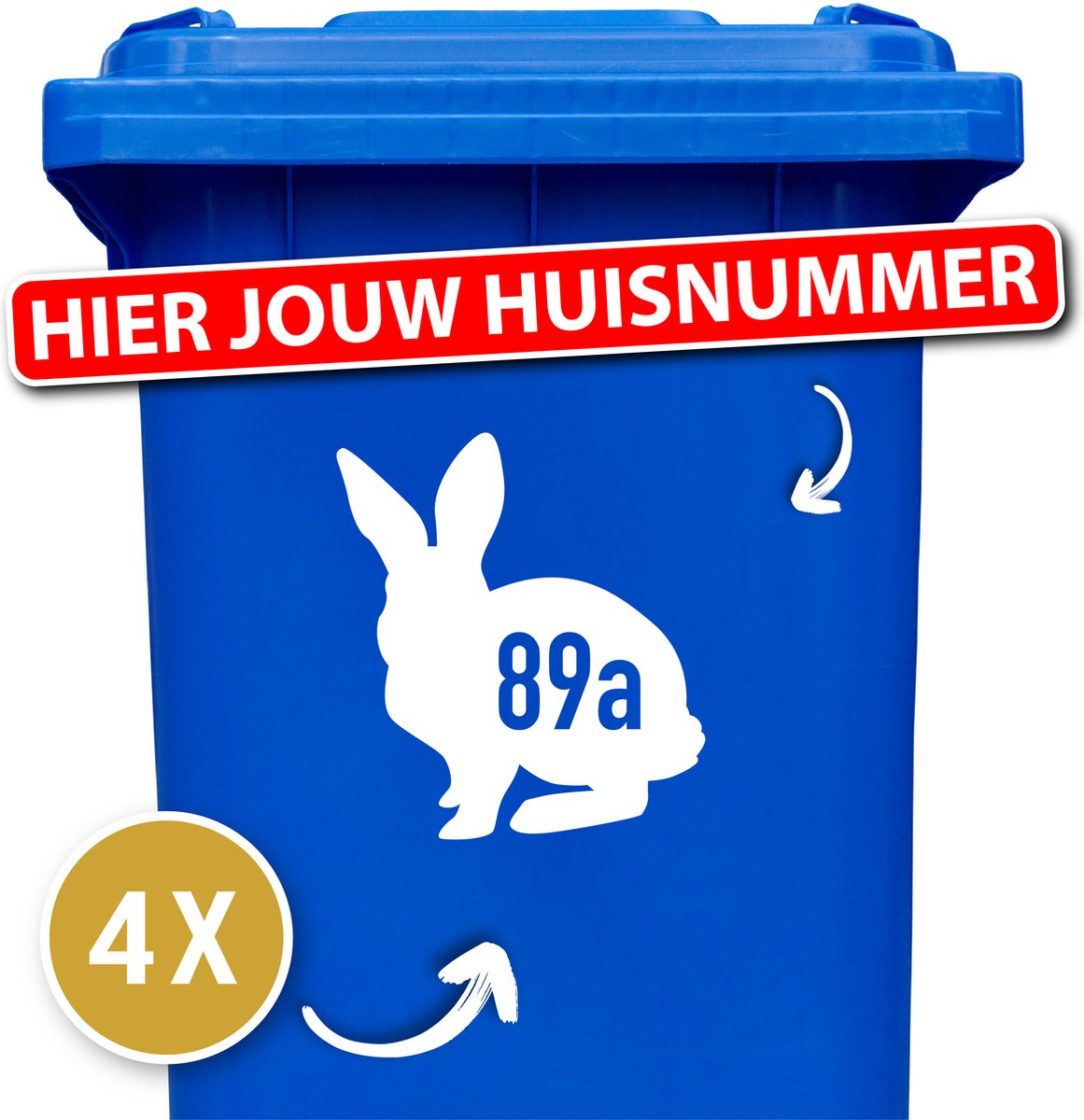 Container stickers Konijn met Huisnummer 4 stuks - Kliko stickers - Cijfer stickers weerbestendige 1234567890 - Containerstickers - Wit