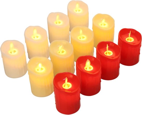 12 Stuks LED-kaarsen, [NIEUW] Realistische Treurkaars Zonder Vlam, Wiebelige Lont voor het Versieren van Feesten, Bars, Bruiloften, Kerken en Meer - Wit, Crème, Rood
