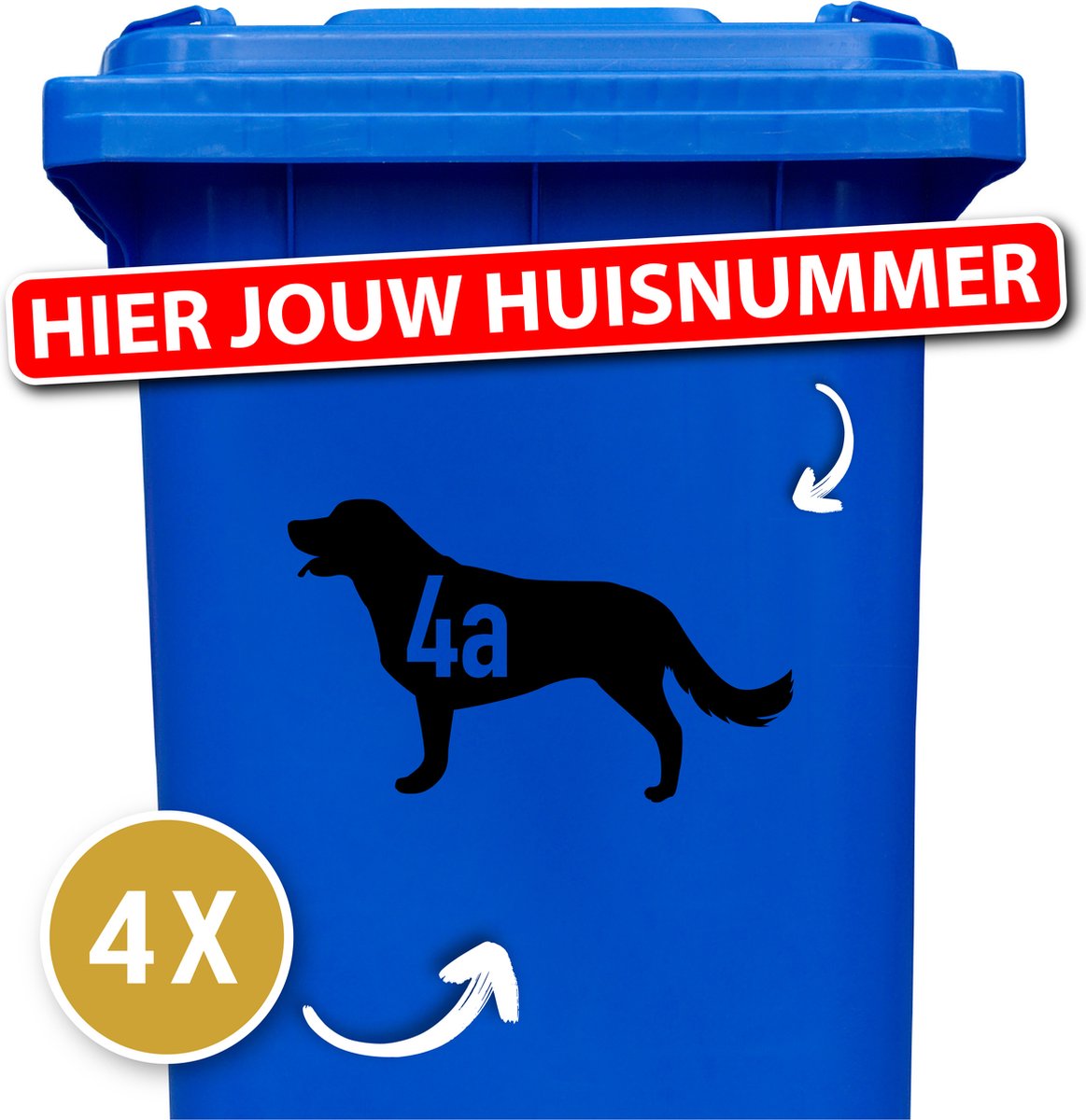 Vuilnisbak stickers - klikostickers - kliko sticker voordeelset - 4 stuks - Labrador - 25 x 15 cm - container sticker huisnummer - zwart - container sticker hond