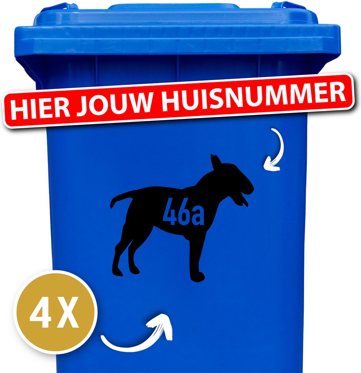Bull Terrier - Honden - Kliko - Container Sticker - Vinyl - Huisnummer - 4 Stuks - Zwart - Stickers - Sticker - Container sticker hond - kliko sticker voordeelset