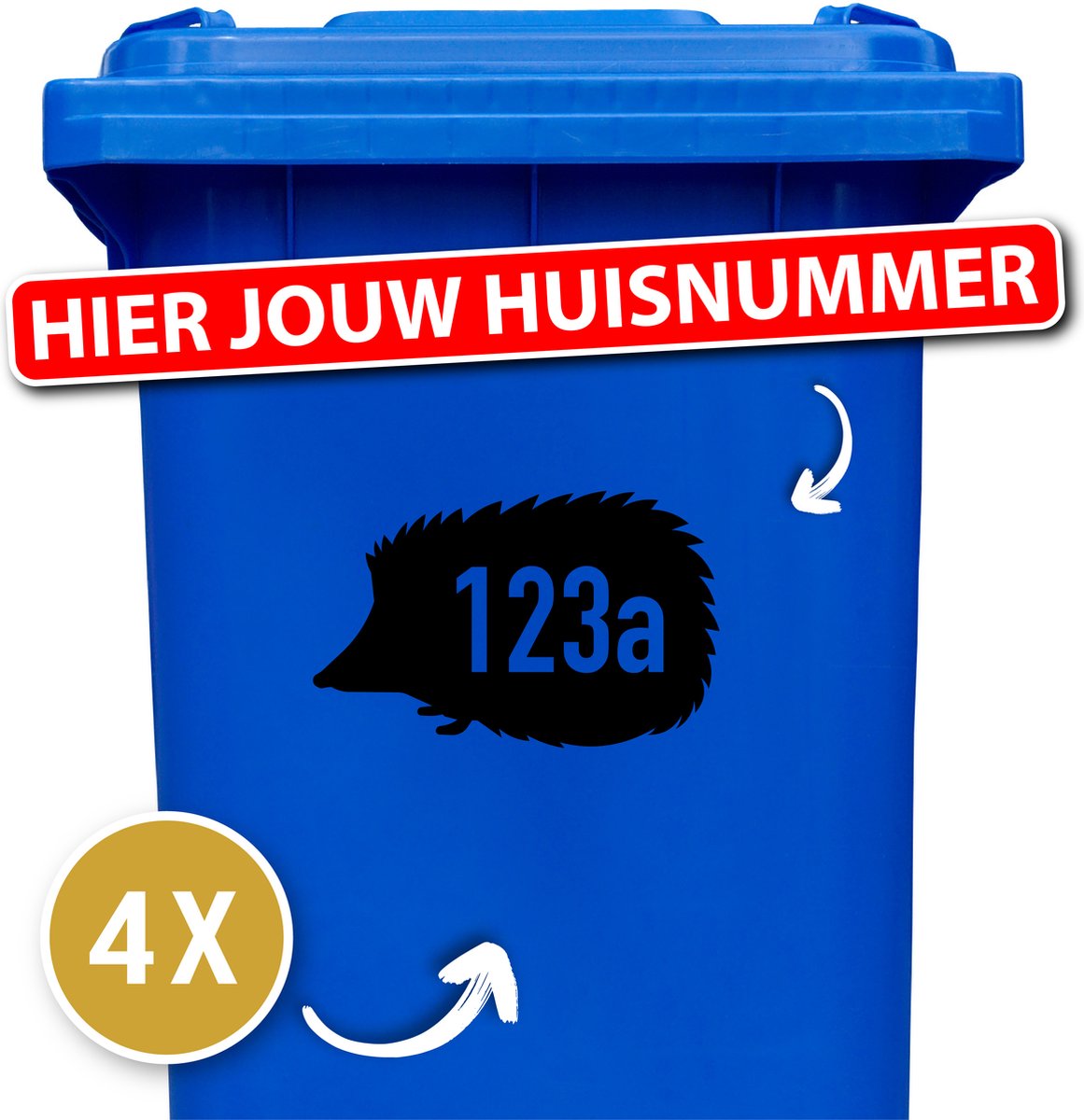Container sticker Egel 4 stuks - Kleur: Zwart - Formaat: 20 x 12,5 cm | 12345678910 - Klikostickers - Cadeau - 12345678910