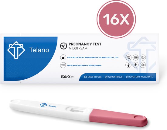 Telano zwangerschapstest midstream verpakking met de tekst '16X' en een zwangerschapstest. Kenmerken: easy to use, quick result, over 99% accurate.