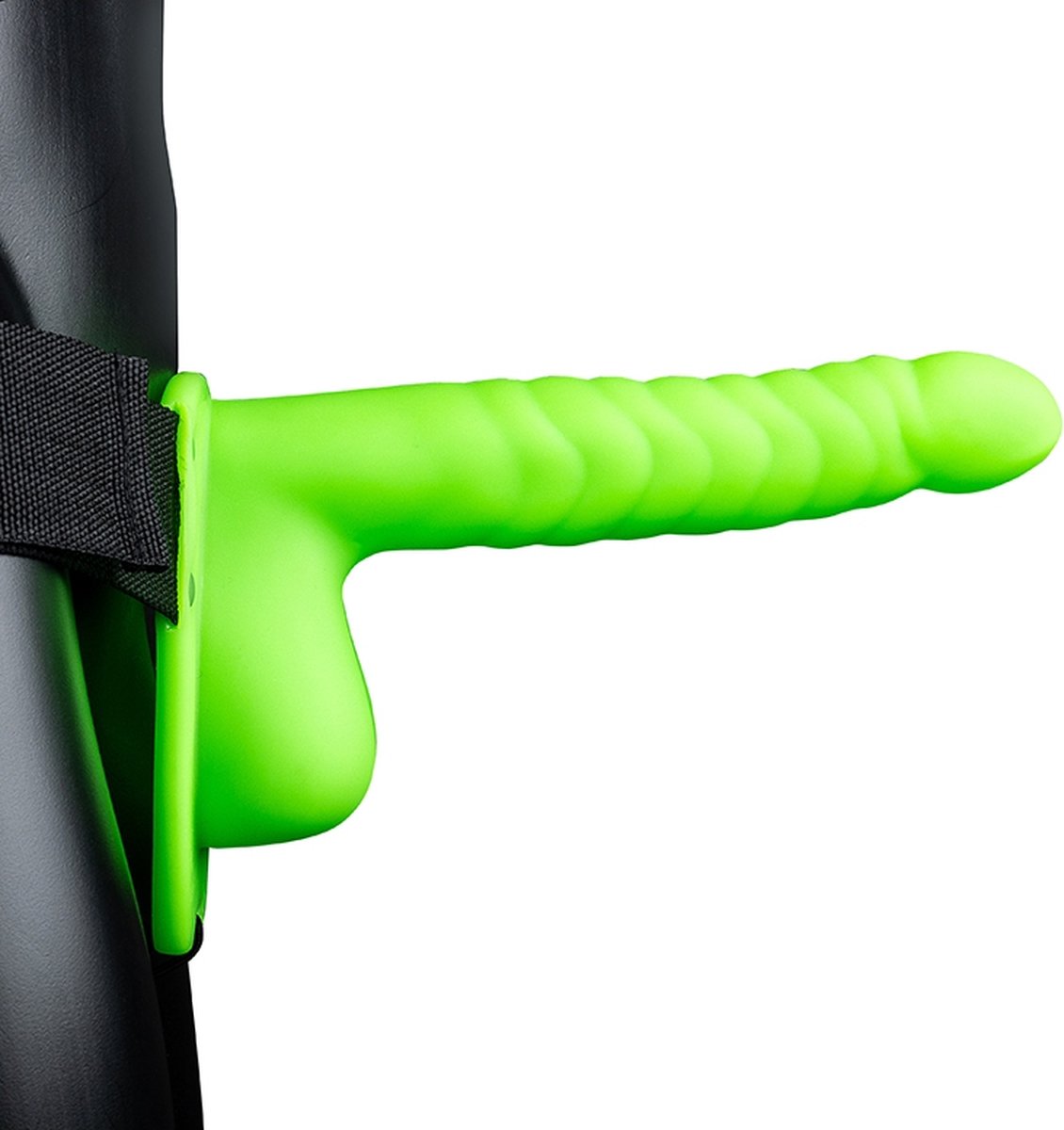 Goedkoopste Glow in the Dark Ribbed Hollow Strap-On with Balls - 8 / 21 cm
