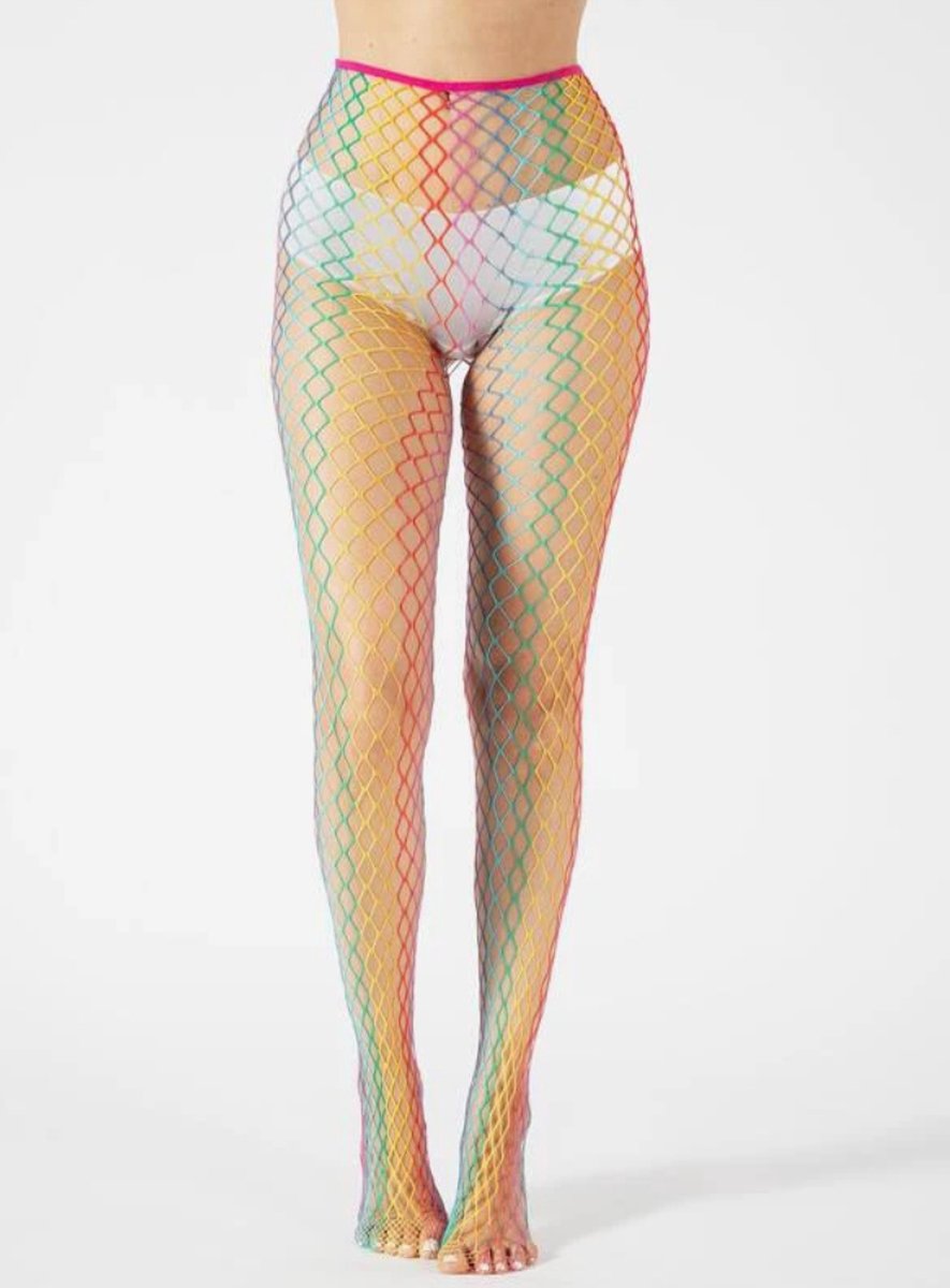 Visnet Panty KLEURRIJK regenboog - Stevige en Elastische Netpanty unisize | Carnaval Outfit | Visgraat panty | Fishnet Stockings | Visnetten kousen | Carnavalskleding | Foute Party | Verkleden | 80s | Disco | Festival | Koningsdag | Pride | Lgbtq