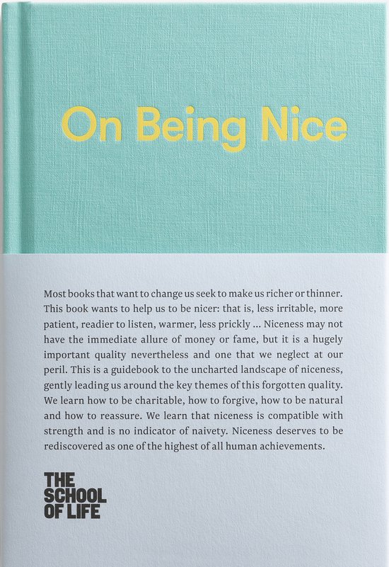 Livre intitulé 'On Being Nice' en lettres jaunes sur une couverture turquoise.