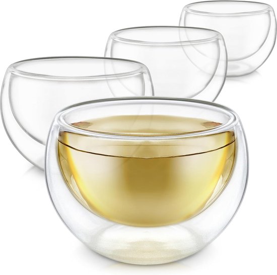 Set van 4 dubbelwandige glazen koffiekopjes met handvat