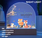 Lampe de nuit PERSONNALISÉE pour baptême - baptême avec naam et date - animaux de la forêt - 7 couleurs différentes - intensité lumineuse réglable - Câble USB