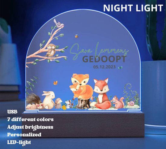 GEPERSONALISEERD Nachtlamp voor doopsel - gedoopt met naam en datum - dieren van het bos - 7 verschillende kleuren - lichtsterkte aanpasbaar - USB kabel
