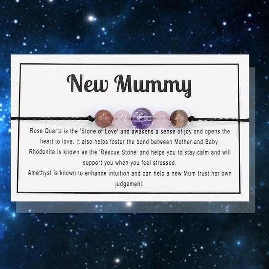 Bixorp "New Mommy" Intentie Armbandje - Mama Armband met Edelstenen Kralen op Cadeau kaartje - Rozenkwarts & Amethist