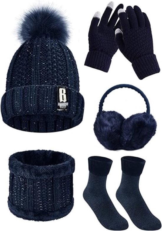 Warme Dames Winter Set: Beanie Muts, Sjaal, Gebreide Handschoenen, Verdikte Sokken en Pluche Oorbeschermers - Winteraccessoires - Perfect Cadeau voor Outdoor Sport en Comfort