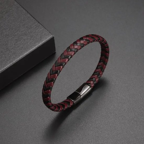 TVR-Wares® | Bracelet en cuir tressé | Rouge-Noir | Fermeture coulissante | Taille L | 21 cm