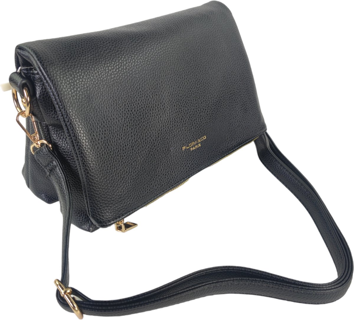 Flora & Co - trendy crossbody handtas met flap - fashion riem - zwart