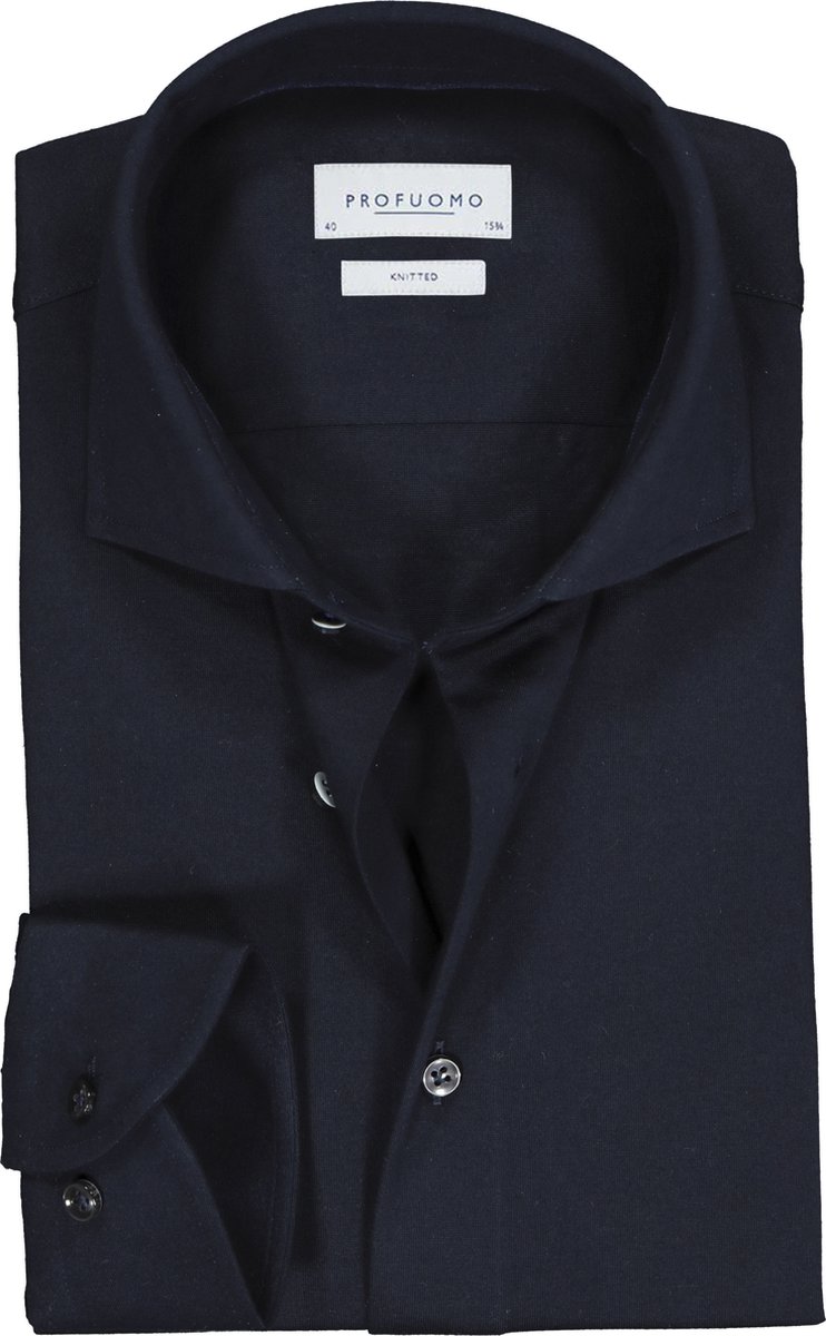 Profuomo Slim Fit jersey overhemd - navy melange knitted shirt - Strijkvrij - Boordmaat: 42