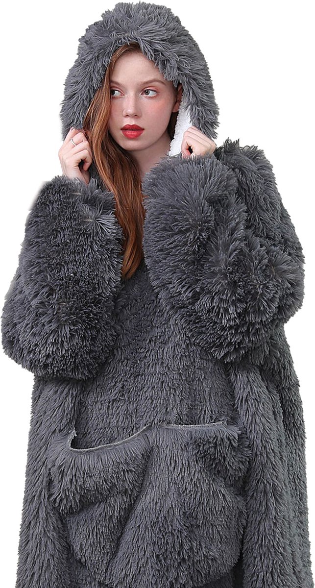 CALIYO Hoodie Deken - Blanket met Mouwen en Capuchon – Fleece Deken - Blanket met Mouwen en Capuchon – Dames & Heren - Sherpa Fleece – TV Deken - Bank Deken - Grijs