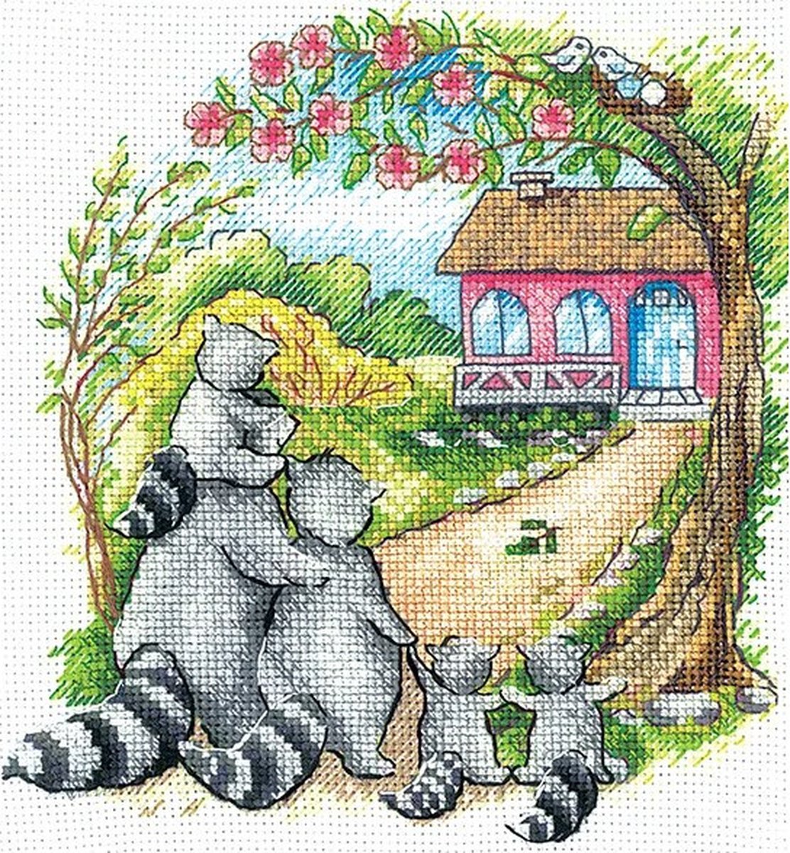Borduurpakket Andriana - Housewarming Raccoons - telpatroon om zelf te borduren