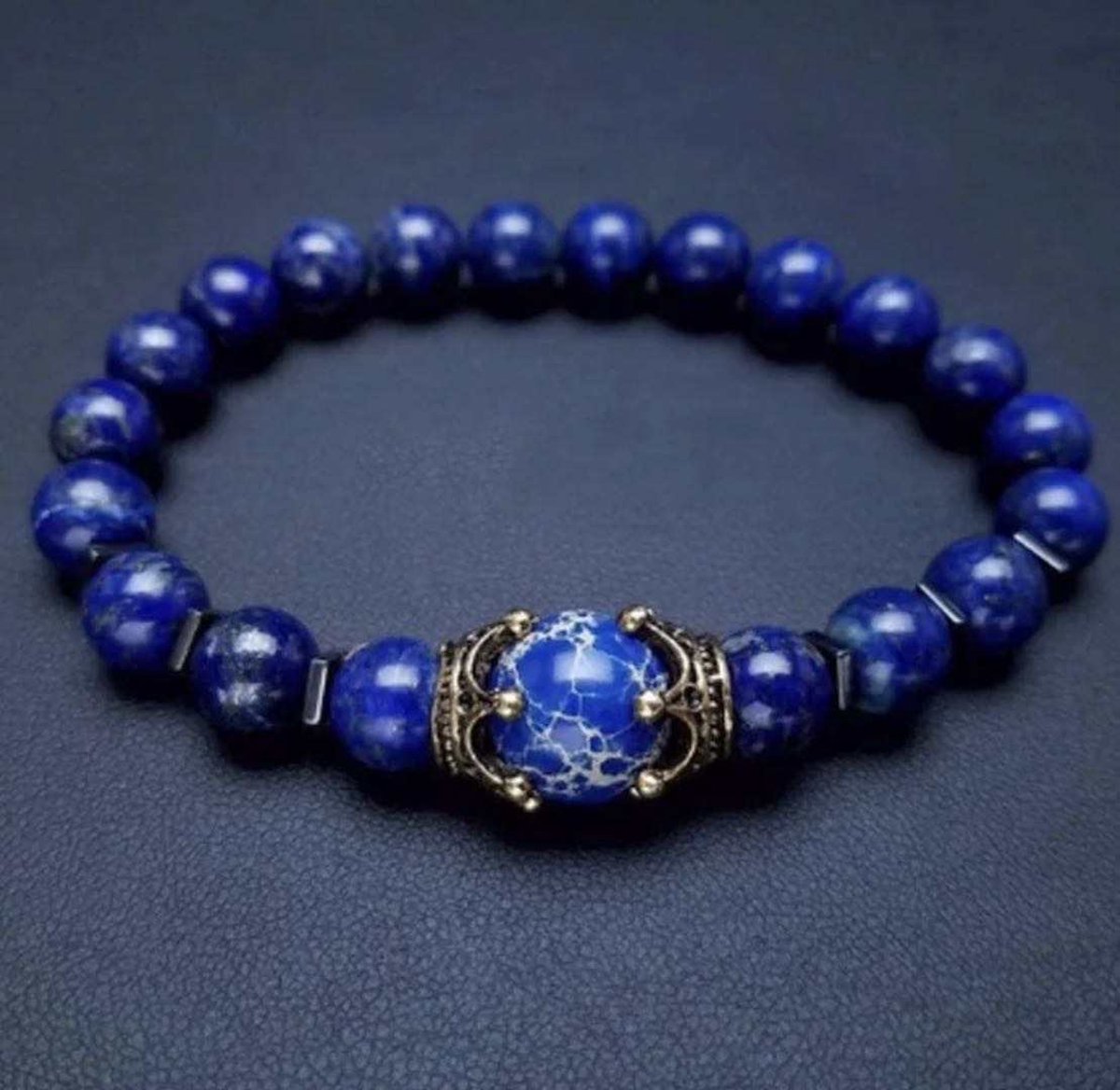 Walletstreet Caesar Crown Bracelet Armband Keizer kroon- Lavasteen armband 21 cm-Blauw met Blauwe Kroon-voor mannen en vrouwen-Kerstcadeau-Ideale geschenk